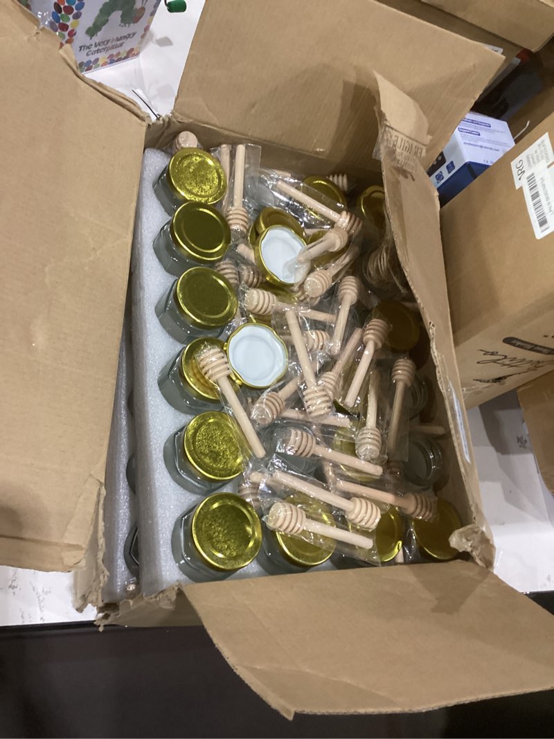 Condition photo showing Good Condition for BIGIVACA 3 oz Hexagon Mini Glass Honey Jars with Wood Dippers,48 Pack Small Honey Jars with Gold Lids,Bee Pendants,Jutes,Bee Stickers,Perfect for Baby Shower,Wedding Favors,Party Favors 3 oz-48 pack