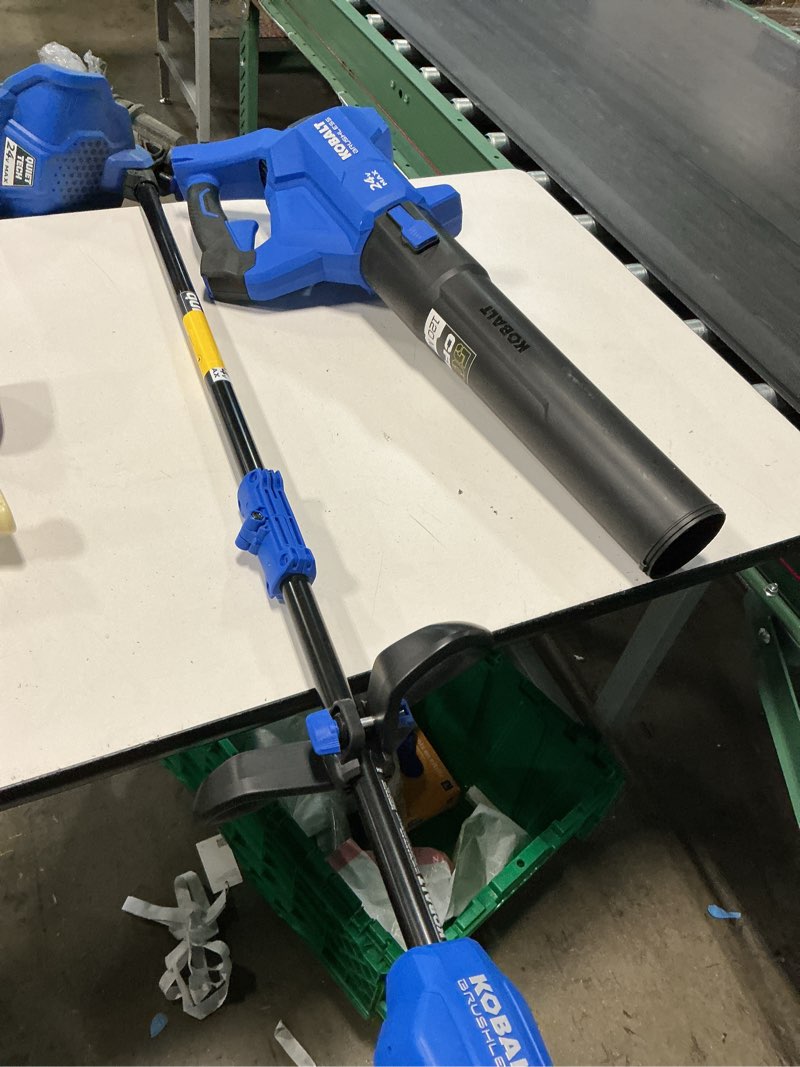 Condition photo showing As Is for kobalt quiet tech 24-volt cordless battery string trimmer and leaf blower and combo kit 4 ah (battery included) (charger included)