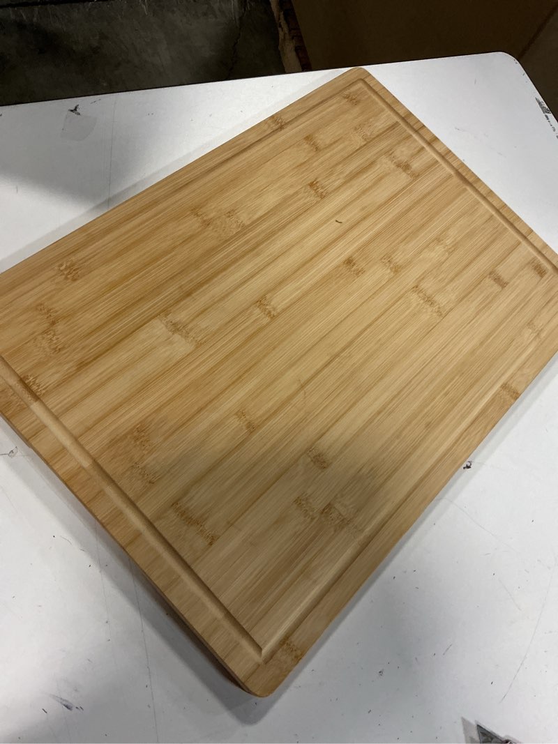 Condition photo showing Good Condition for smirly wooden cutting boards for kitchen meal prep & serving - bamboo cutting board set with holder, charcuterie & chopping board, wood cutting board set, kitchen gadgets 3 pack with holder natural bamboo