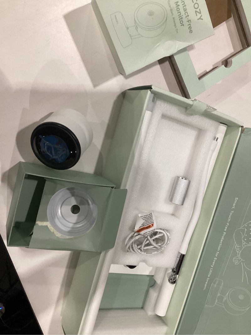 Condition photo showing As Is for momcozy smart baby monitor, 2k hd contact-free baby camera, table & floor stand, ai-powered notifications for cry & sound & motion, sleep activity log, 2-way audio, night vision, 2.4/5ghz wifi, bm08, incomplete