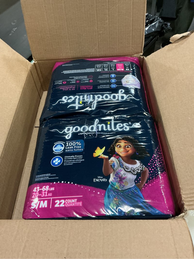 Condition photo showing New/Like New for goodnites girls' nighttime bedwetting underwear, size s/m (43-68 lbs), 44 ct (2 packs of 22), packaging may vary small/medium 44