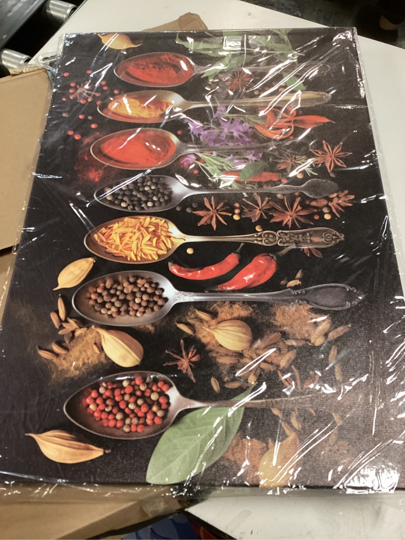 Condition photo showing Good Condition for GLOKAKA Kitchen Canvas Wall Art Dining Room Wall Decor Colorful Spices and Spoons Wall Art Print Modern Pictures for Kitchen Still Life Dining Room Decor Paintings 23x16 inch 
