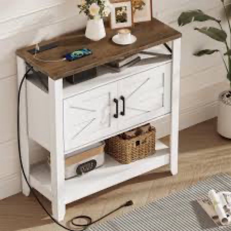 CHOEZON Console Table, Farmhouse Sofa Table with Power Outlet, Entryway Table with Cabinet and Open 