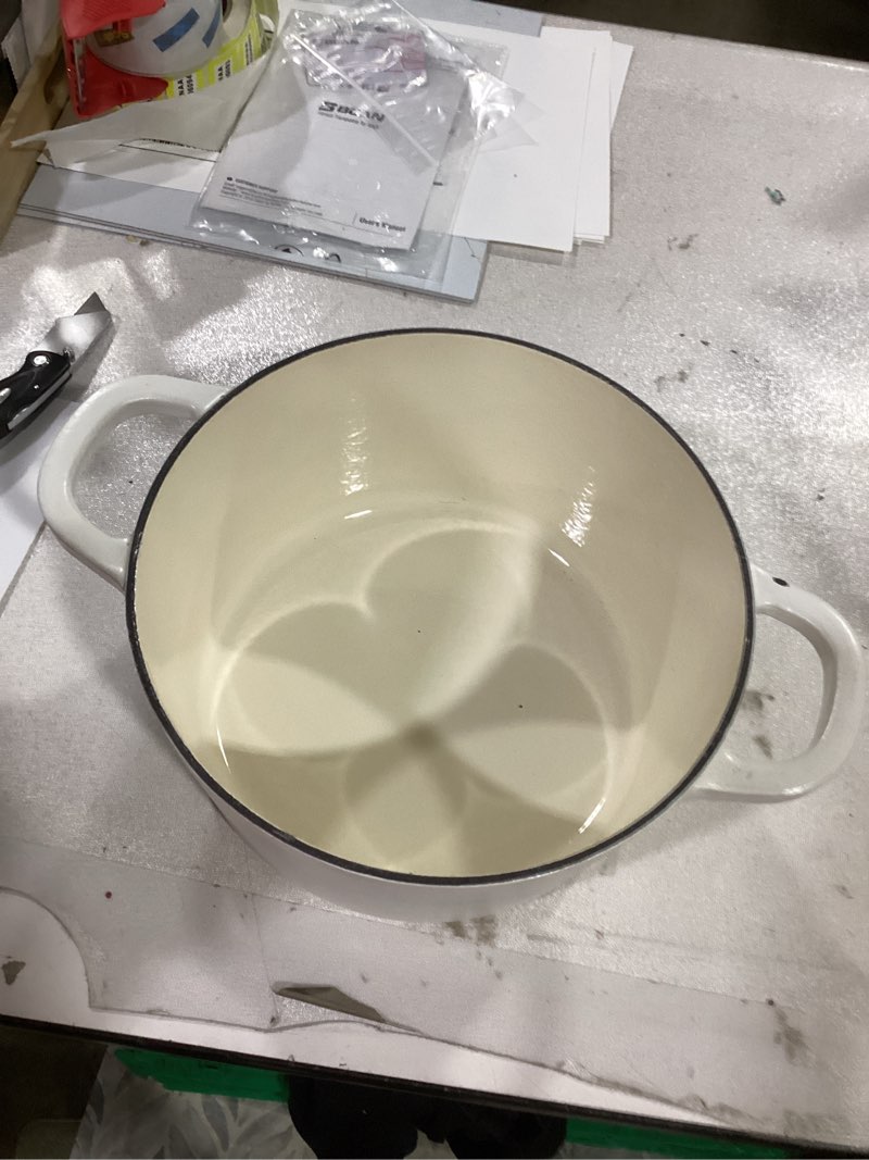 Condition photo showing As Is for CAROTE 7QT Enameled Cast Iron Dutch Oven Pot with Lid, Heavy-Duty Dutch Ovens for Sourdough Bread Baking, Braising, Stews, Roasting, Healthy & Non-Toxic, Dual Handles, All Stovetop Compatible, Oven Safe up to 500° F, Cream White 7 QT White