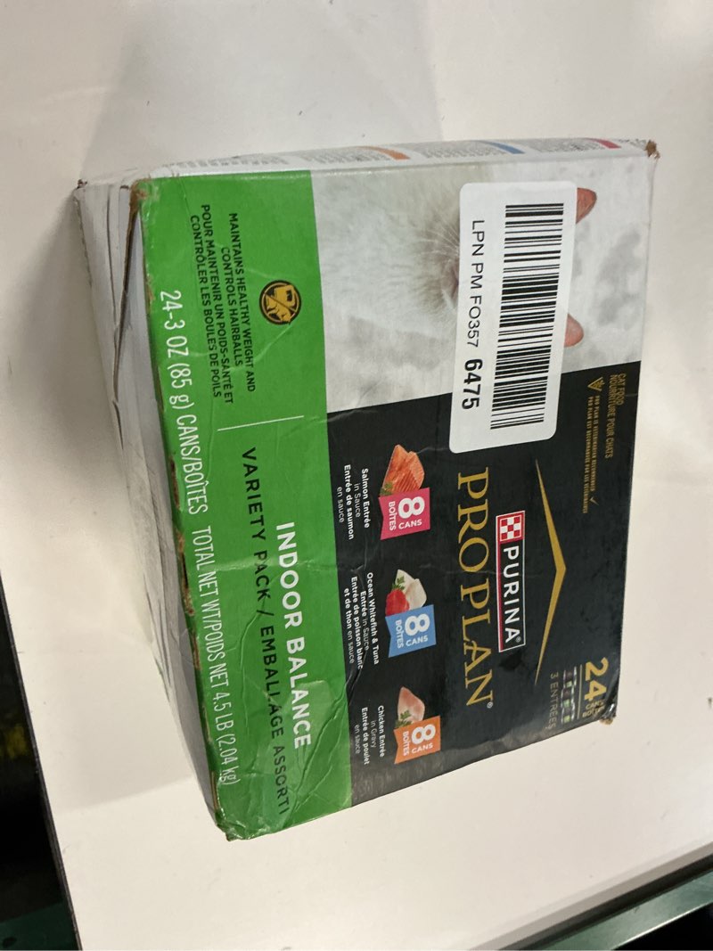 Condition photo showing New/Like New for Purina Pro Plan Indoor Balance Chicken, Salmon, and Ocean Whitefish and Tuna Cat Food Wet Entrees Variety Pack - 24 ct. Can 3 Ounce (Pack of 24)(BEST BY JUN/2027)