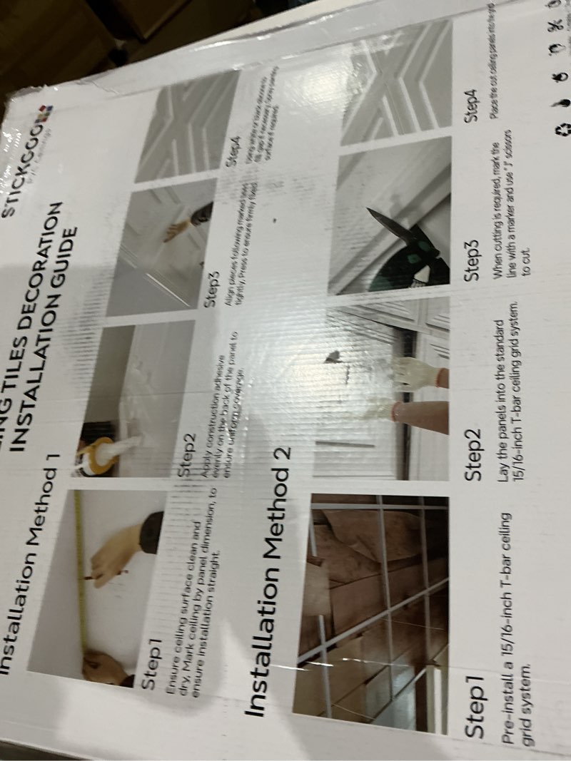 Condition photo showing Good Condition for stickgoo drop ceiling tiles 24 x 24in, waterproof, premium pvc ceiling panels to prevent breakage, pack of 12 tiles cover 48 sq. ft, white 24"x24" white
