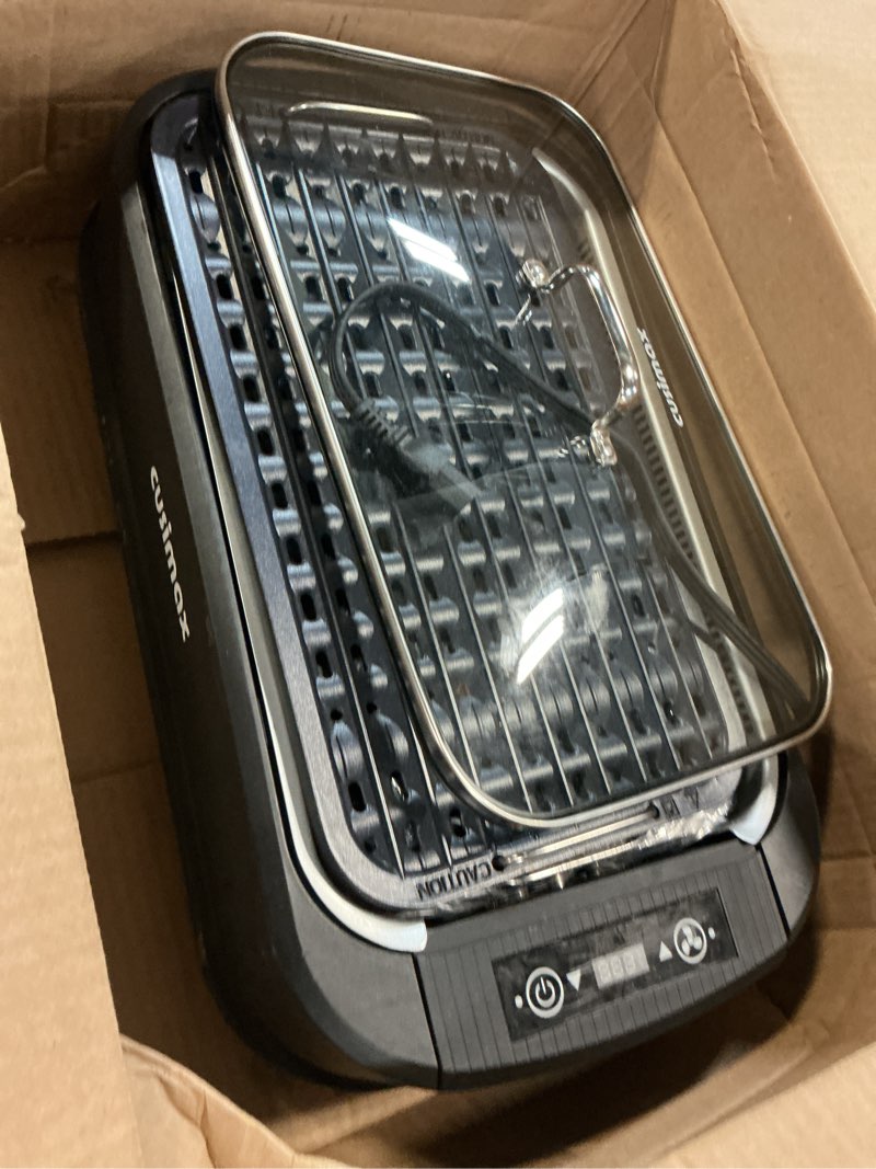 Condition photo showing As Is for indoor grill, cusimax smokeless grill indoor, 1500w electric grill griddle korean bbq with led smart display & tempered glass lid, non-stick removable grill plate & griddle plate, black black double plates