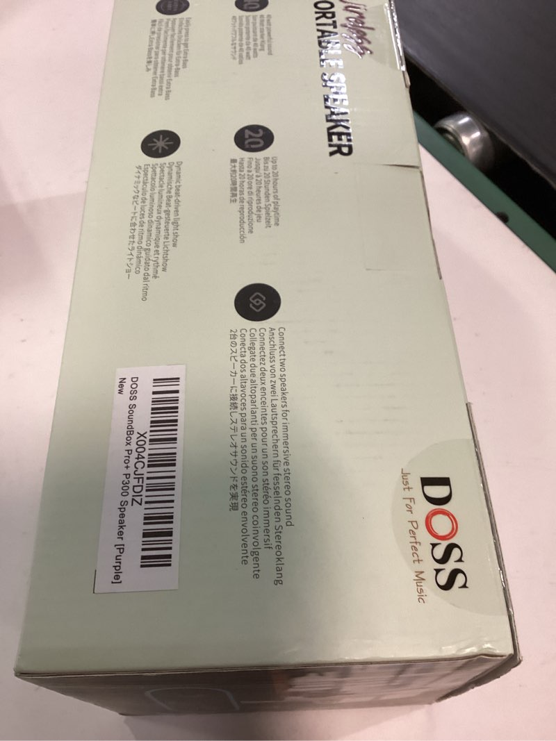 Condition photo showing New/Like New for doss soundbox pro+ p300 bluetooth speaker, 40w stereo sound, extra bass,20h playtime, wireless stereo pairing, beat-driven lights for party, ipx6 waterproof for garden, camping, beach, outdoor-purple