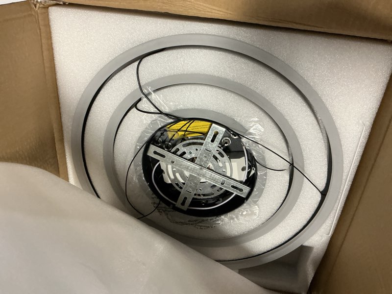 Condition photo showing Good Condition for o'neeldy modern led chandeliers adjustable hanging black pendant light fixture 3 ring flush mount chandeliers for bedroom,kitchen,island cafe