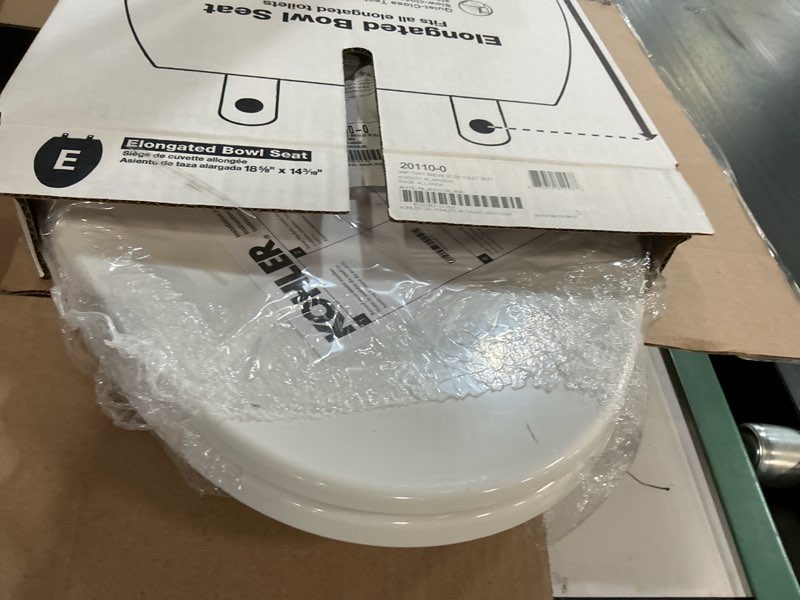 Condition photo showing As Is for kohler 20110-0 brevia, slow close toilet seat, elongated toilet seat, grip-tight bumpers quick-attach hardware, white white elongated quiet-close