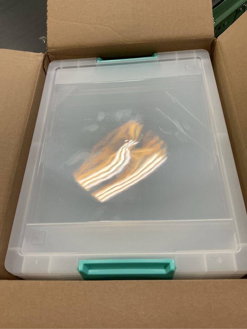 Condition photo showing As Is for iris usa 12 qt. craft storage bins with lids, 4-pack, |made in usa|, clip box, medium plastic sensory bin tote organizer containers for art supplies, paper, & office, stackable - clear/seafoam blue 12 qt. - 4 pack