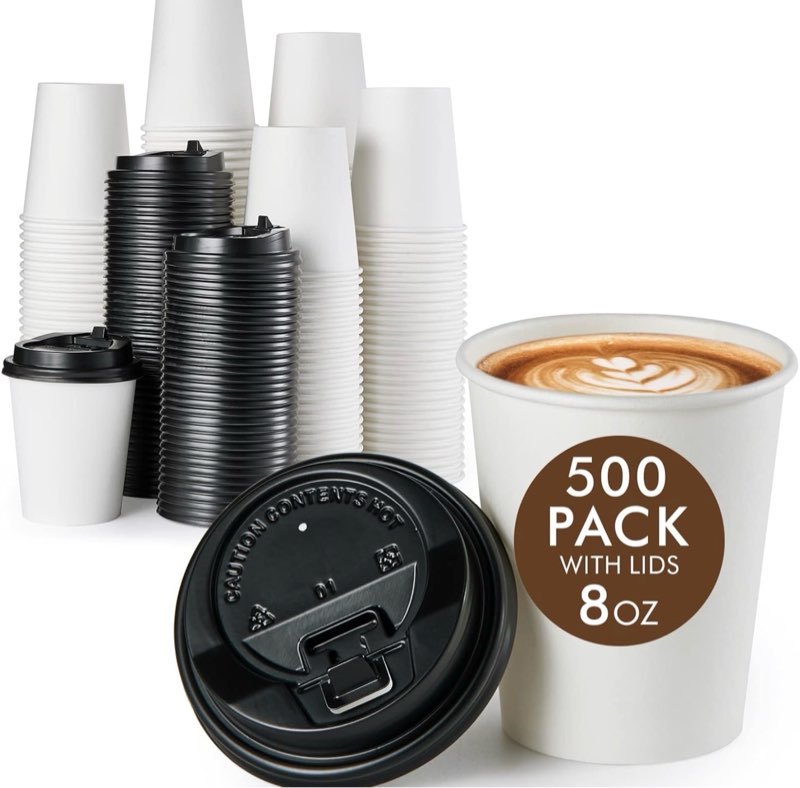 vplus 500 pack 8 oz paper coffee cups, disposable 8 oz coffee cups with lids, cold/hot drinking, for home, traveling, stores, office, and events white 500 count (pack of 1)