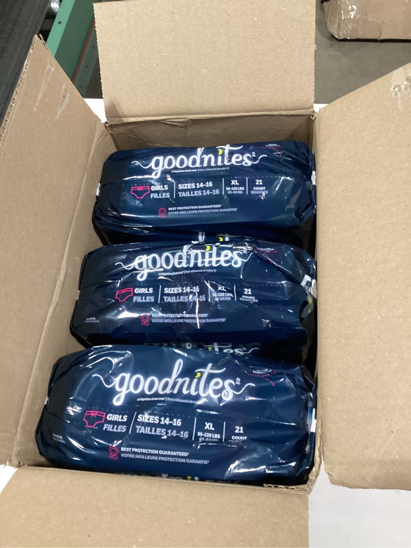 Condition photo showing New/Like New for Goodnites Girls' Nighttime Bedwetting Underwear, Size Extra Large (95-120 lbs), 63 Ct (3 Packs of 21), Packaging May Vary X-Large 63