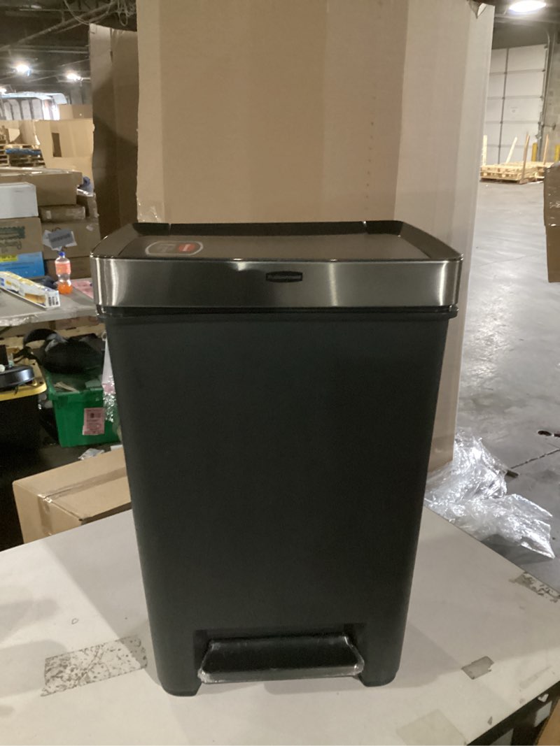 Condition photo showing Good Condition for rubbermaid premier series iii step-on trash can for home and kitchen, with stainless steel rim, 12.4 gallon, charcoal, for home/kitchen/garage/apartment/office metal rim, resin lid