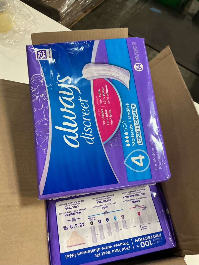 Condition photo showing New/Like New for Always Discreet Adult Incontinence Pads for Women, Moderate Absorbency, Long Length, Postpartum Pads, 162 Count (3 Packs of 54) Long 162