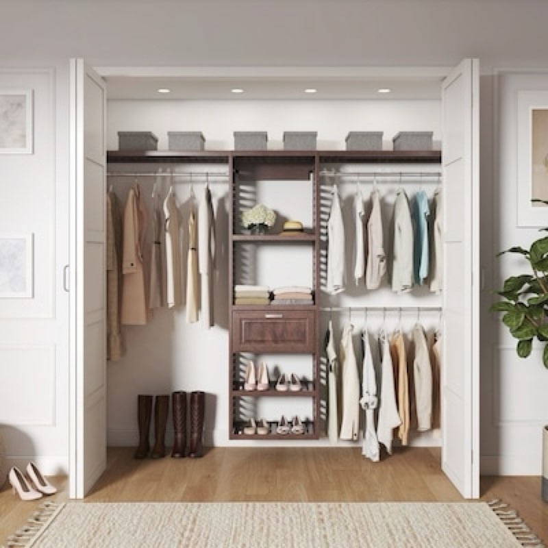 allen + roth hartford reach-in tower system java ventilated shelving wood closet system