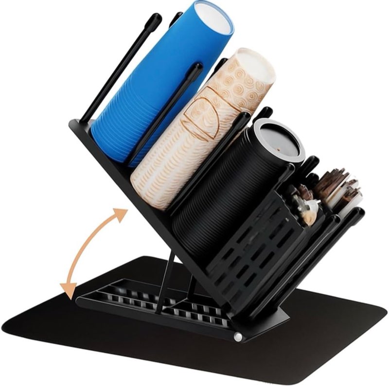 coffee bar organizer station with straw dispenser & mat, 4-compartment disposable cup holder, adjustable countertop coffee stand, tea and drink station organizer, cup dispenser for kitchen or cafe
