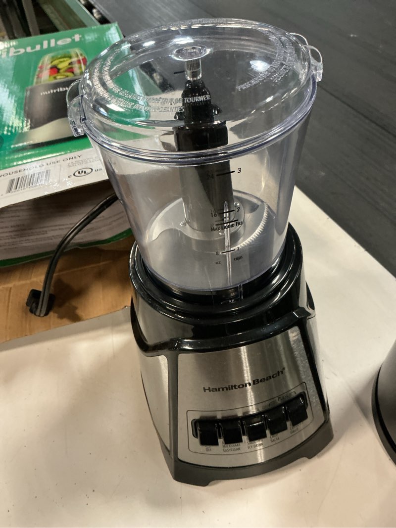 Condition photo showing As Is for hamilton beach power elite blender for smoothies with 3-cup vegetable chopper, mini food processor, 40oz glass jar, 12 functions for puree, ice crush, black (58149)