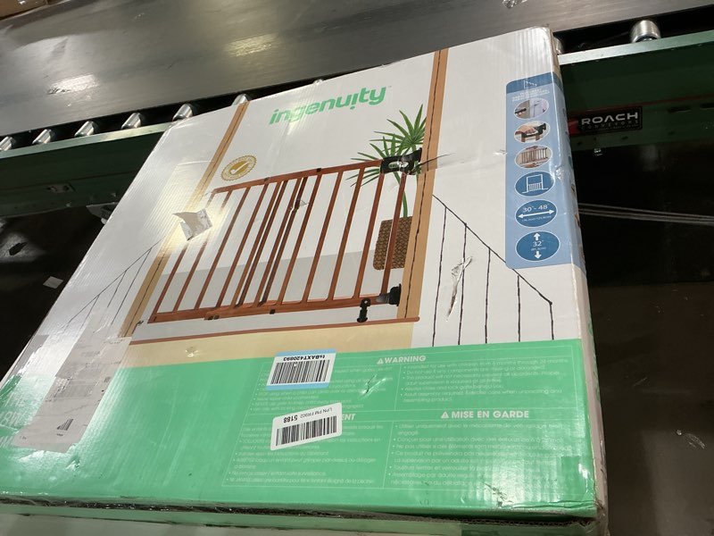 Condition photo showing As Is for Ingenuity Wood Banister & Stair Safety Pet and Baby Gate, 32"-48" Wide, 33" Tall, Install Banister to Banister or Wall, or Wall to Wall in Doorway or Stairway, Banister and Hardware Mounts - Cherry Oak