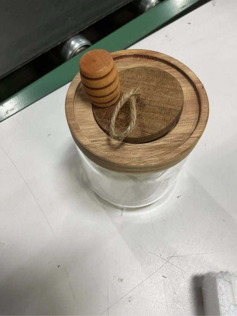 Condition photo showing Good Condition for Honey Jar Pot Glass Holder Dispenser Set with Wooden Dipper Stick and Acacia Lid Cover for Home Kitchen, Clear, Modern Honey Syrup Glass Container for Storage Gift, Honey Pot and Drizzler (14 Oz)