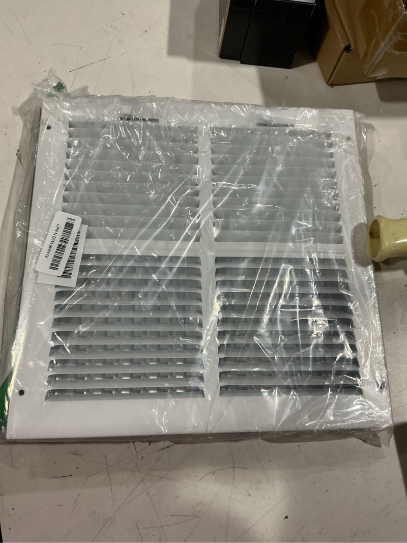 Condition photo showing As Is for 12 x 12 inch [duct opening] air vent covers for wall or ceiling - high airflow 2 way steel ventilation - adjustable wall/ceiling register, 13-3/4 inch x 13-3/4 inch [overall dimensions] 12"w x 12"h [duct opening]