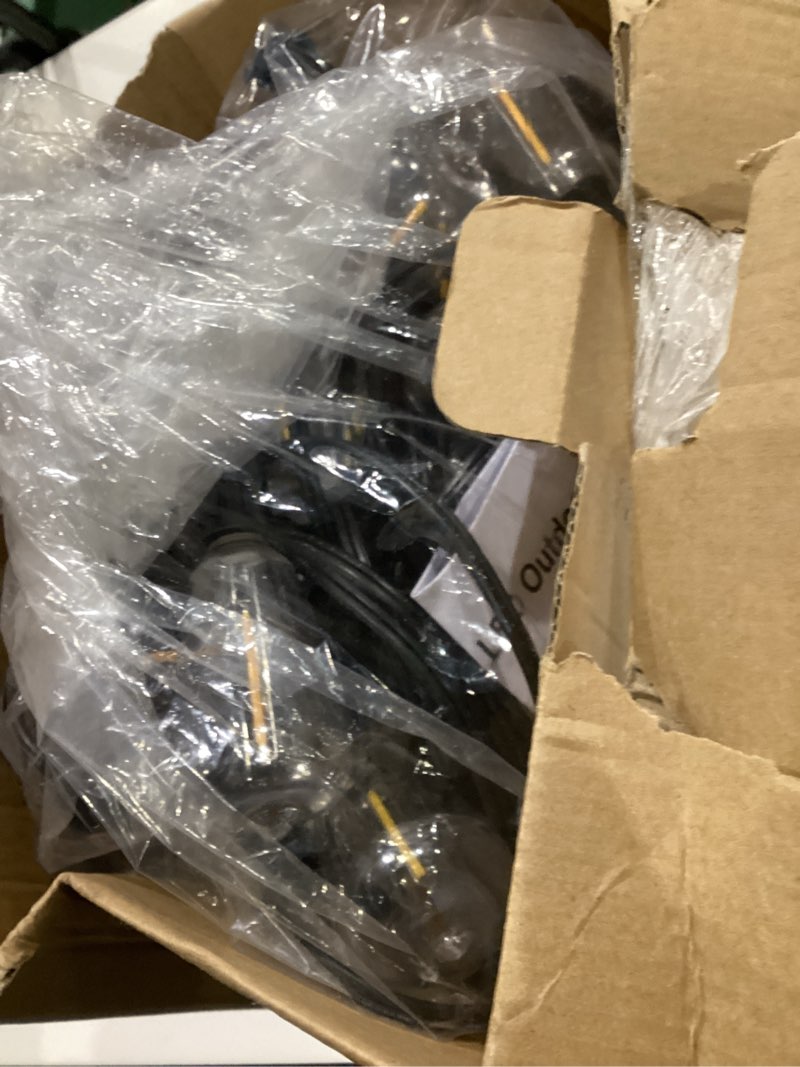 Condition photo showing As Is for brightever led outdoor string lights 100ft patio lights with 52 shatterproof st38 vintage edison bulbs, outside hanging light waterproof for porch, deck, garden, backyard, balcony, 2700k dimmable black wire 100ft-warm white