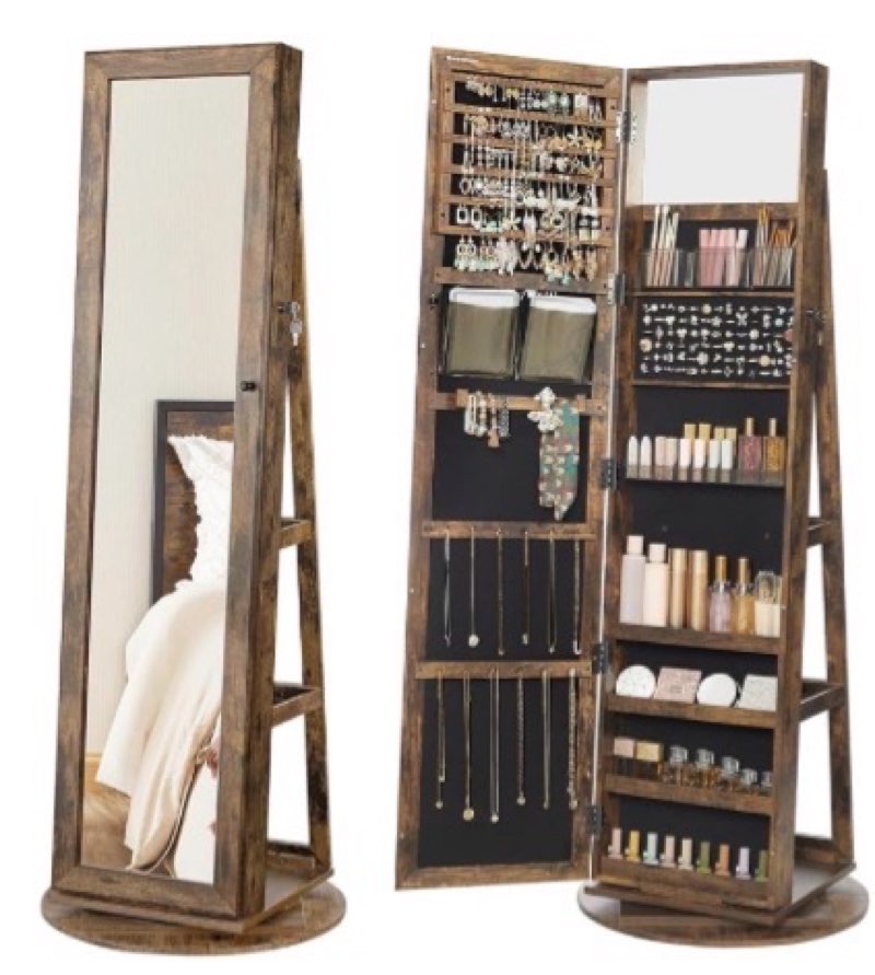  click to see full view                  3+    6 videos  songmics visit the songmics store songmics 360° swivel jewelry cabinet, lockable jewelry organizer with full-length mirror, rear storage shelves, interior mirror, jewelry armoire, gift idea, rustic brown