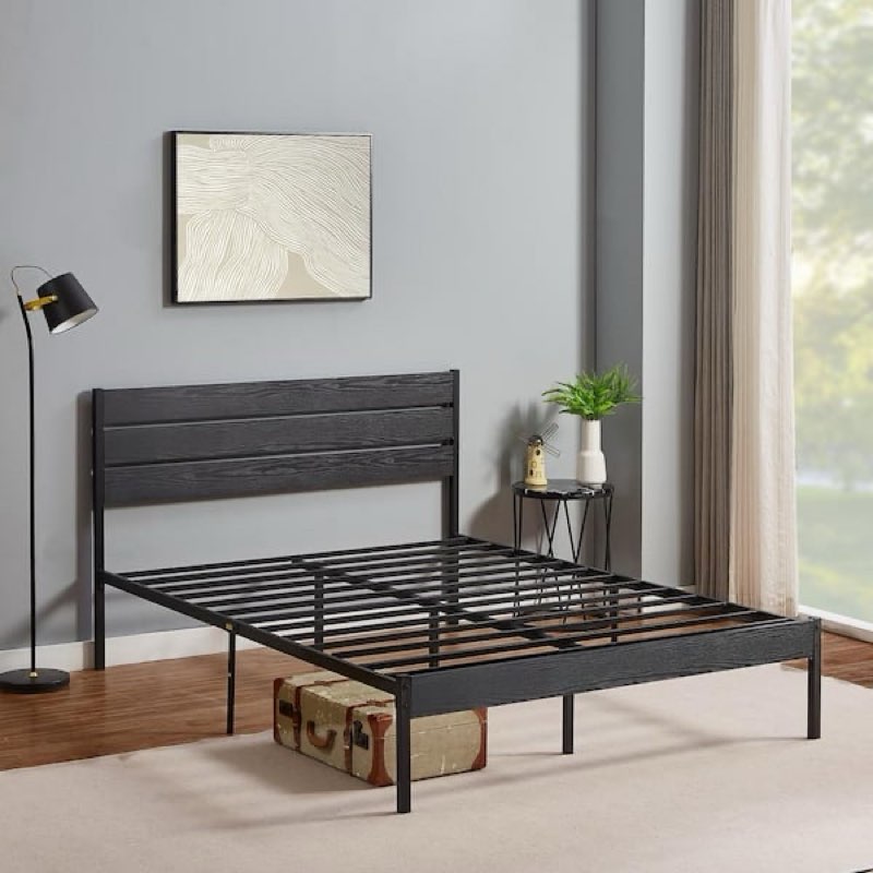 *similar to stock photo*damaged box*incomplete*Queen Bed Frame Black Metal Frame Queen Platform Bed w/Modern Wood Headboard Easy Assembly