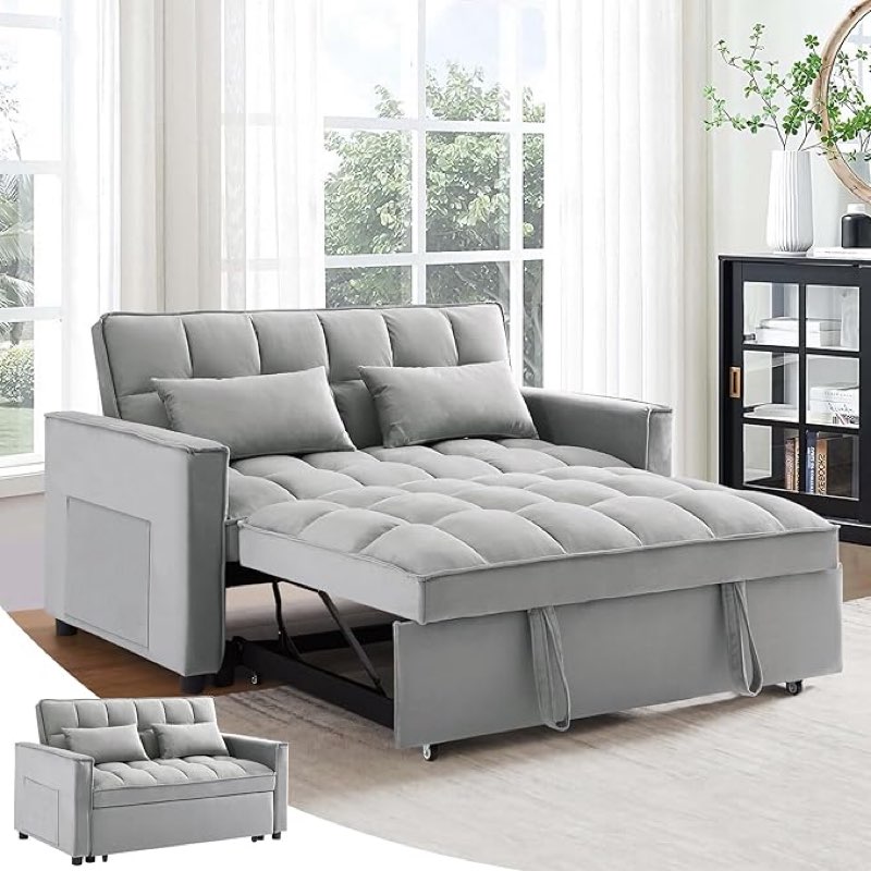  Incomplete) 3 in 1 Sleeper Sofa Couch Bed, Small Tufted Velvet Convertible Loveseat Futon Sofa w/Pullout Bed, Adjustable Backrest, Cylinder Pillows for Living Room Apartment, Easy to Assemble, Grey, 55.5\"