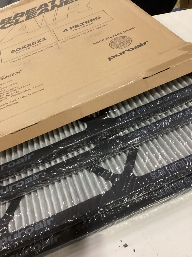 Condition photo showing New/Like New for 4 pack, PuroAir Mega Filter - MERV 13 20x25x1 Air Filters For Home With Activated Carbon - Filters Allergens, Pet Dander, Smoke, Dust - FLE Rac e3a (Al dekilters - Air Filters 16x20x1 Newitem