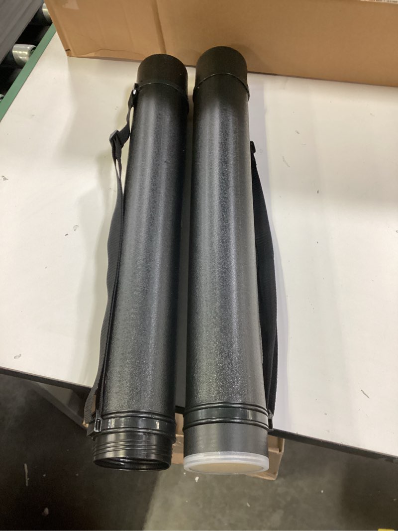 Condition photo showing As Is for calpalmy 2-pack extendable poster tubes expand from 24.5” to 40” with shoulder strap | carry documents, blueprints, drawings and art | black portable durable round storage cases with lids and labels large round black