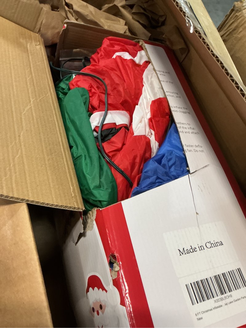 Condition photo showing As Is for 8 FT Christmas Inflatable Train with Santa Claus, Snowman, Penguin, Gift Boxes, Blow Up Yard Decorations with Built-in Lights, Lovely Xmas Train Carriage for Holiday Display Lawn Garden Party Decor 8 FT Train