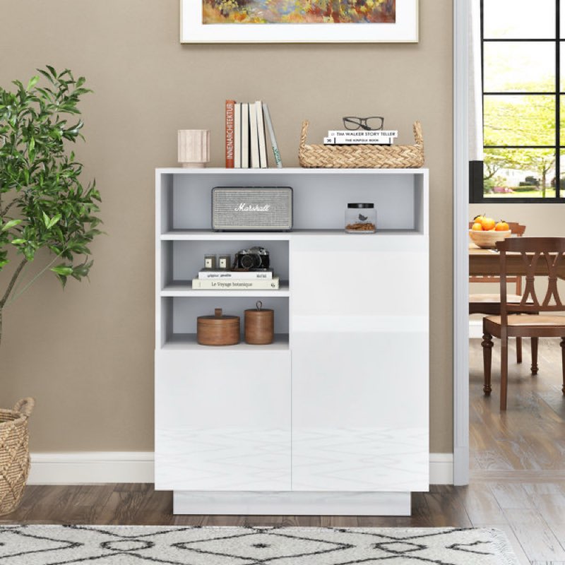 31.5'' Wide Modern Storage Accent Cabinet With Open Shelf and High Gloss Doors