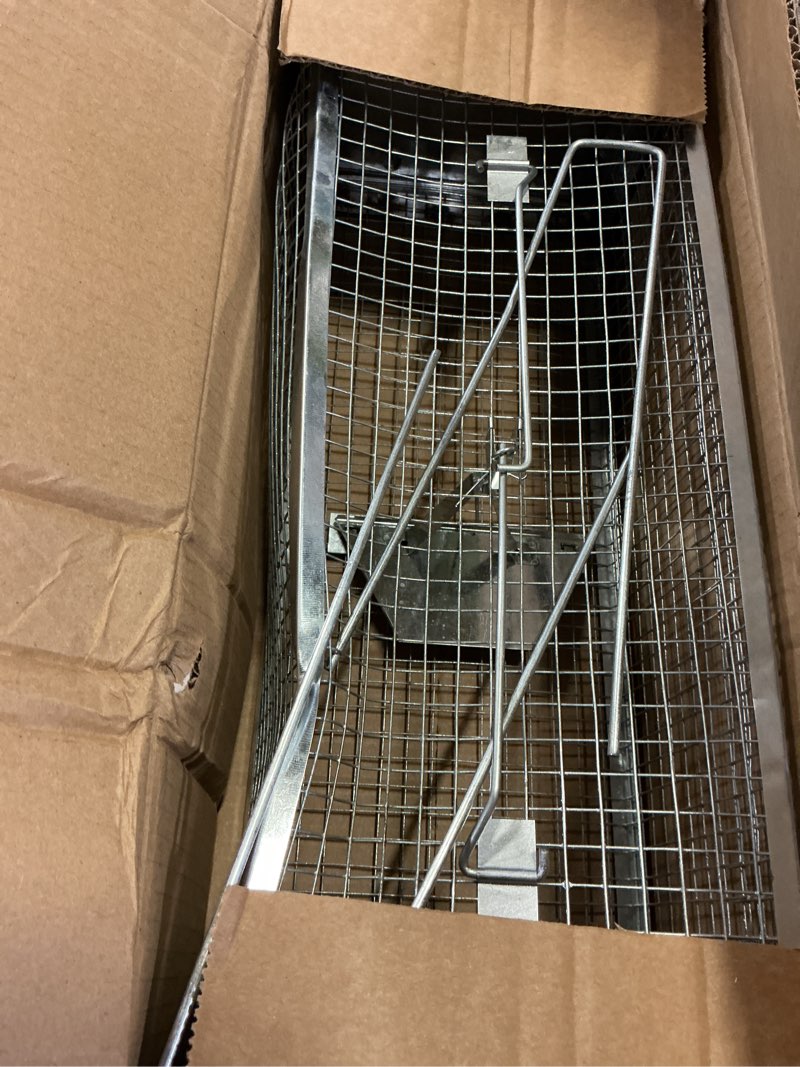 Condition photo showing As Is for teqhome 2-door humane rat cage trap, metal live animal trap cage, small humane catch release rodent cages, upgraded indoor & outdoor live traps for squirrels, mouse, rats, mice - 16.6x6.1x4.33 inches 2-door 17" x 6" x 4.3"