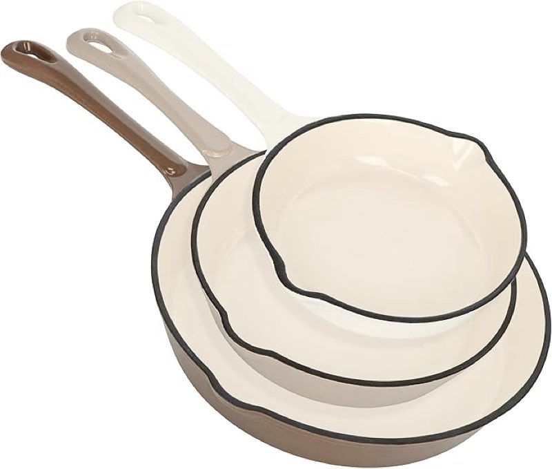 lot45 enameled cast iron cookware set - 3 piece non-stick ceramic coated cast iron skillets stove and oven safe pan set for cooking - heavy duty easy care glazed cast iron