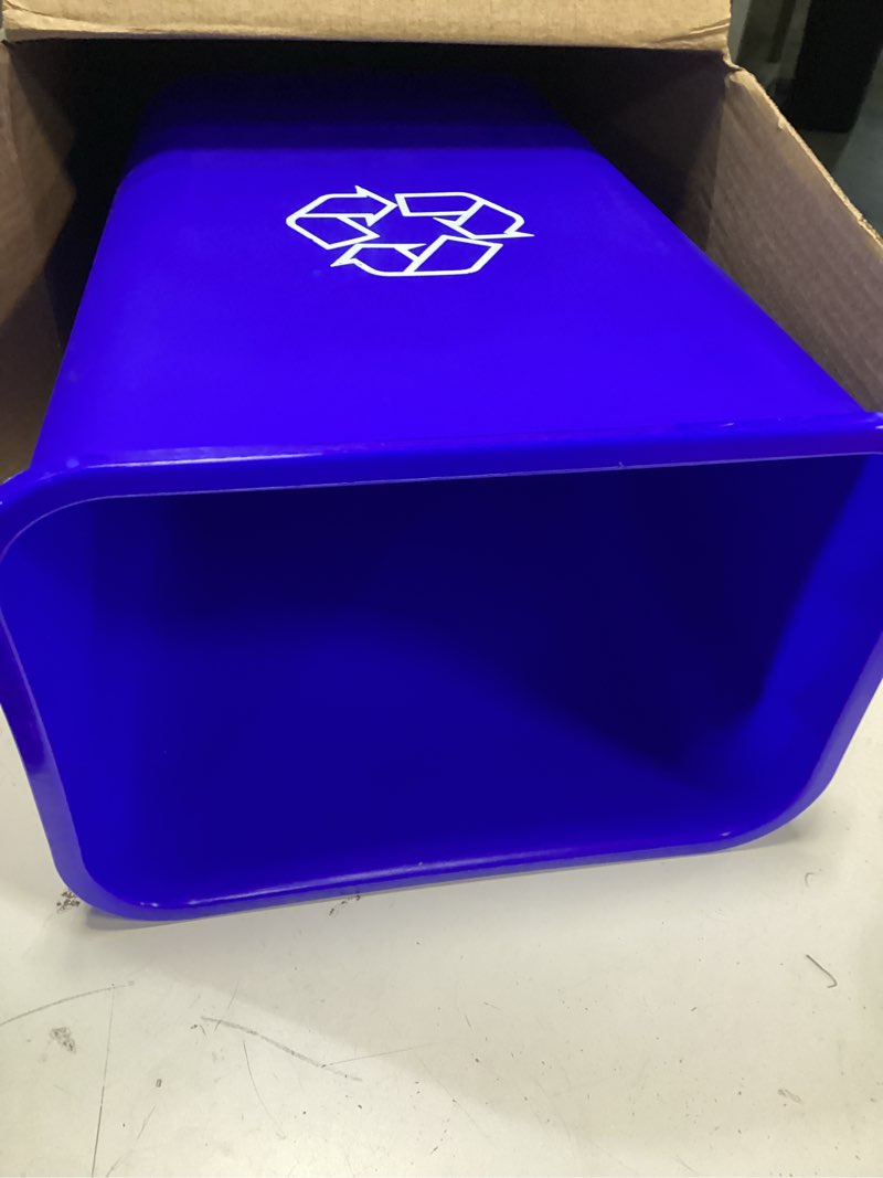 Condition photo showing Good Condition for boardwalk recycling bin, 10 gallon tall trash can, blue plastic, indoor, easy-to-clean, 20.5" high, great for office or kitchen use, made in the usa