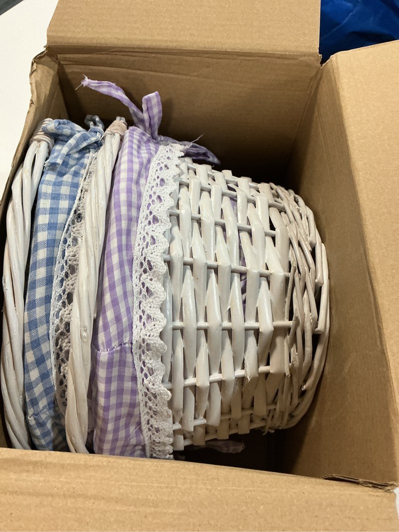 Condition photo showing Good Condition for weewooday 2 pcs wicker easter basket tote bags with 2 name tags wooden bunny, easter basket with handle with removable liner for party supplies(blue, purple)