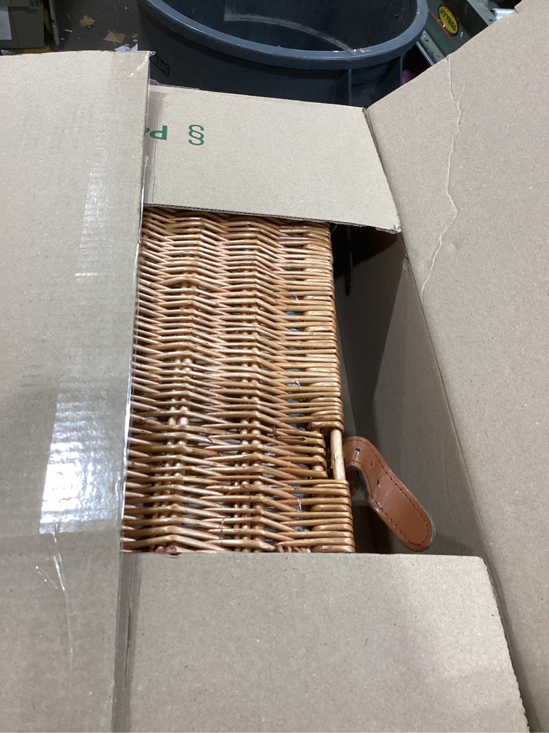 Condition photo showing Good Condition for HappyPicnic Wicker Picnic Basket Set for 4 Persons | Large Willow Hamper with Large Insulated Cooler Compartment, Waterproof Blanket and Cutlery Service Kit-Classical Brown Dark Honey Color for 4 Persons