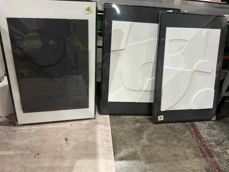 Condition photo showing Good Condition for large 3d textured framed black and white abstract wall art for living room, 3 piece modern artwork for walls, black white minimalist geometric paintings for hallway office wall decor 24x36 in 24" w x 36" h x 3pcs black and white