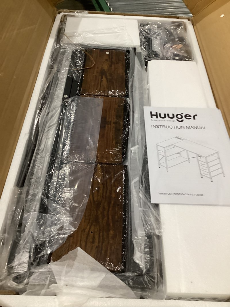 Condition photo showing New/Like New for Huuger L Shaped Office Desk with Power Outlets, 47 Inch Computer Desk with 3 Drawers, Shelves, for Gaming, Corner Work, Home Office, Study, Rustic Brown Rustic Brown 47inch