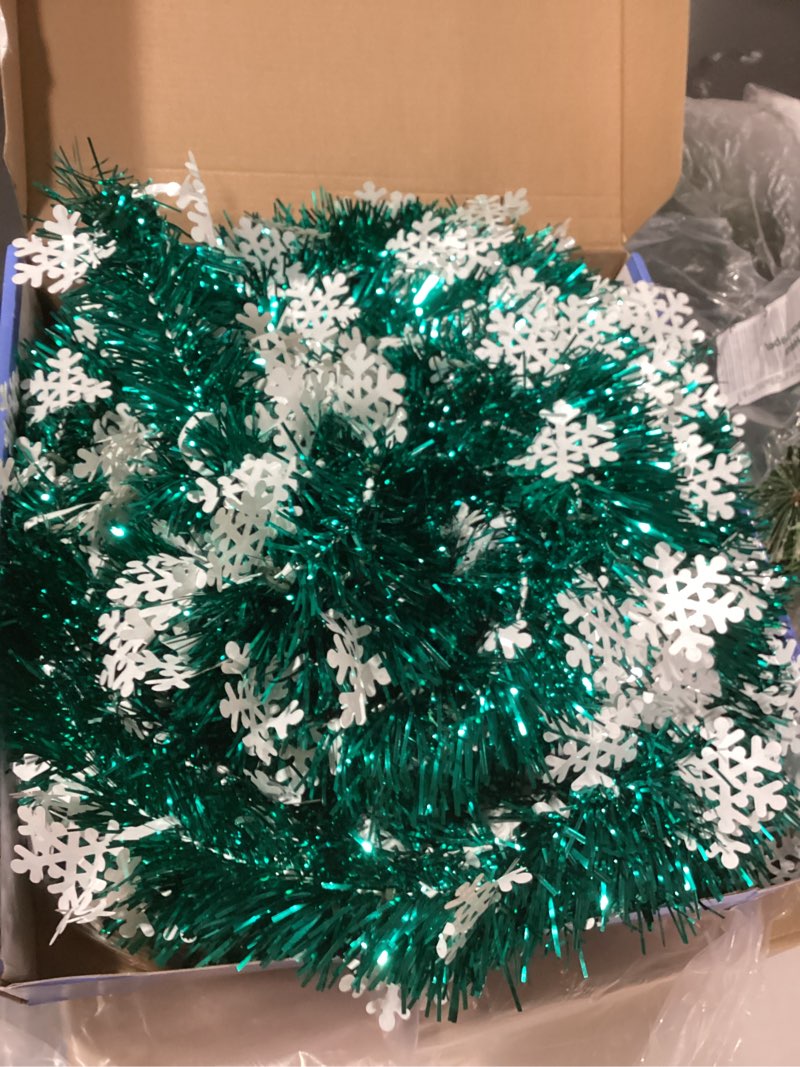 Condition photo showing Good Condition for 6 FT Pop Up Christmas Tree with 100 LED Timer Lights & Remote, Green Collapsible Christmas Tinsel Tree Artificial Pencil Tree Xmas Decoration for Holiday Home Office Party, USB Powered Peacock Green - Snowflakes 6ft