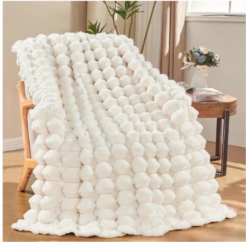 home soft things textured faux fur throw, warm plush spandex bubble decorative blanket for couch, furry thick fluffy cozy throw for living room bedroom, 50''× 60'',white