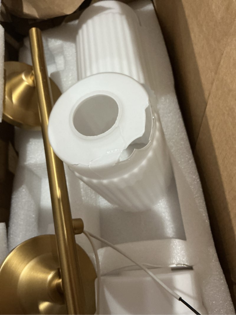 Condition photo showing As Is for (1 broken glass)jonsi gold bathroom light fixtures 3-light vanity lights modern wall sconce with milk white shade br