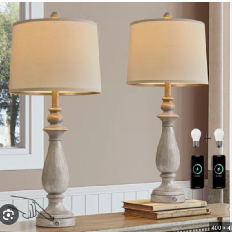 27.75"Pure Gray Resin Table Lamp with USB Charging, Suitable for Living Room, Bedroom and Study Room
