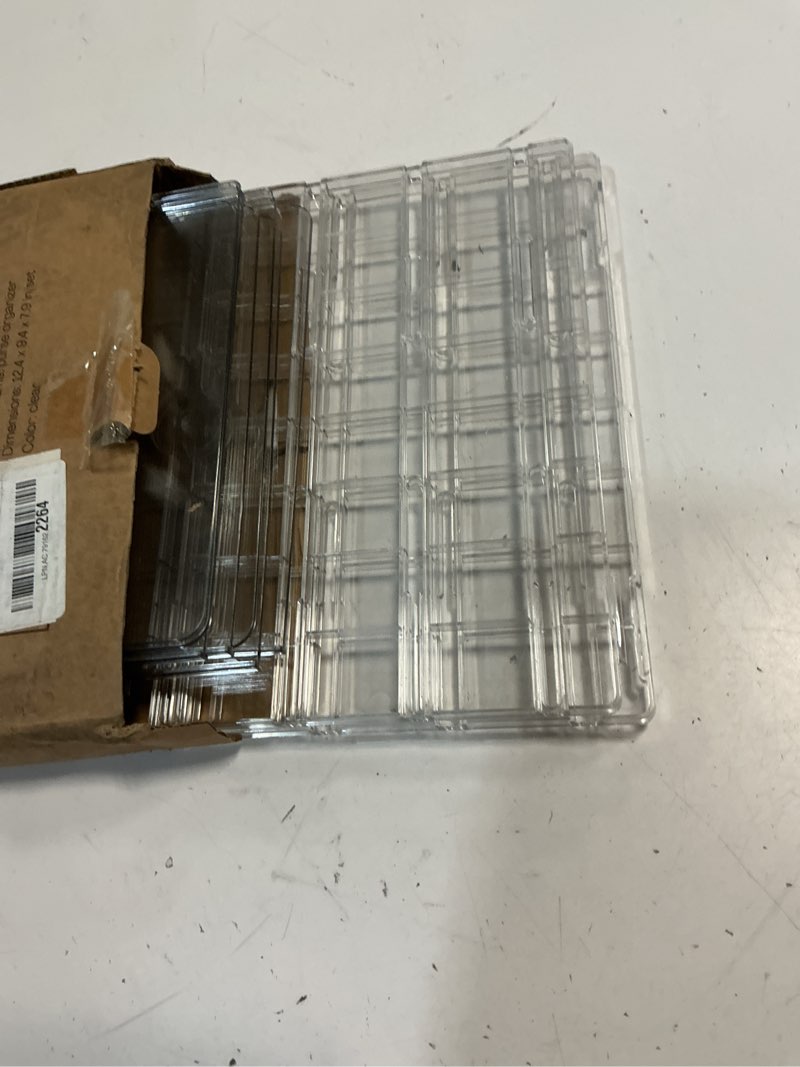 Condition photo showing As Is for sortnstore bag & purse organizer for closet: adjustable clear handbag storage shelf - plastic clutch dividers for closet organizers and storage - keep carteras & pocketbook upright 2 bases+7 dividers clear