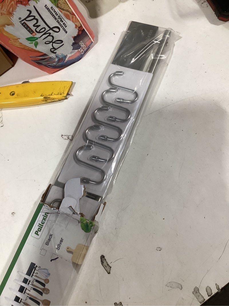 Condition photo showing Good Condition for 20 inch magnetic knife holder with 10 hooks, no drilling knife magnetic strip, and utensil hanger for wall. Powerful knife magnet rack includes tape and screw 20 Inch Silver