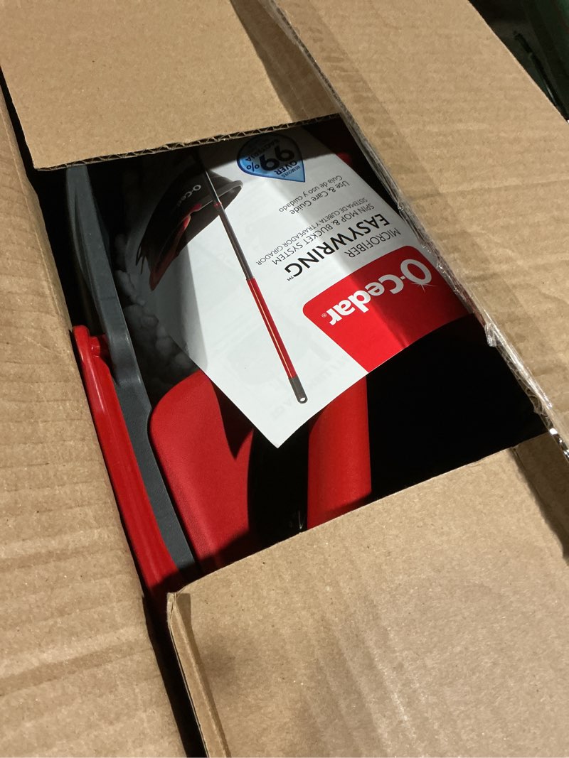 Condition photo showing As Is for O-Cedar EasyWring Microfiber Spin Mop & Bucket Floor Cleaning System + 2 Extra Refills, Red/Gray Spin Mop & Bucket with 2 Extra Refills