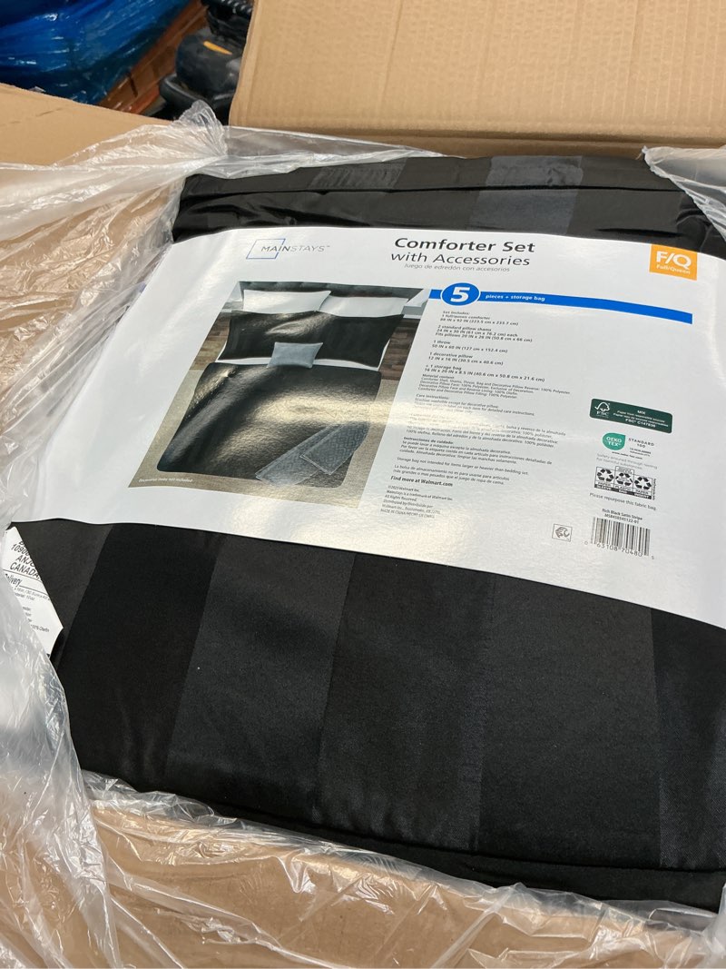 Condition photo showing As Is for mainstays rich black 5 piece damask stripe comforter set, full/queen, adult, unisex