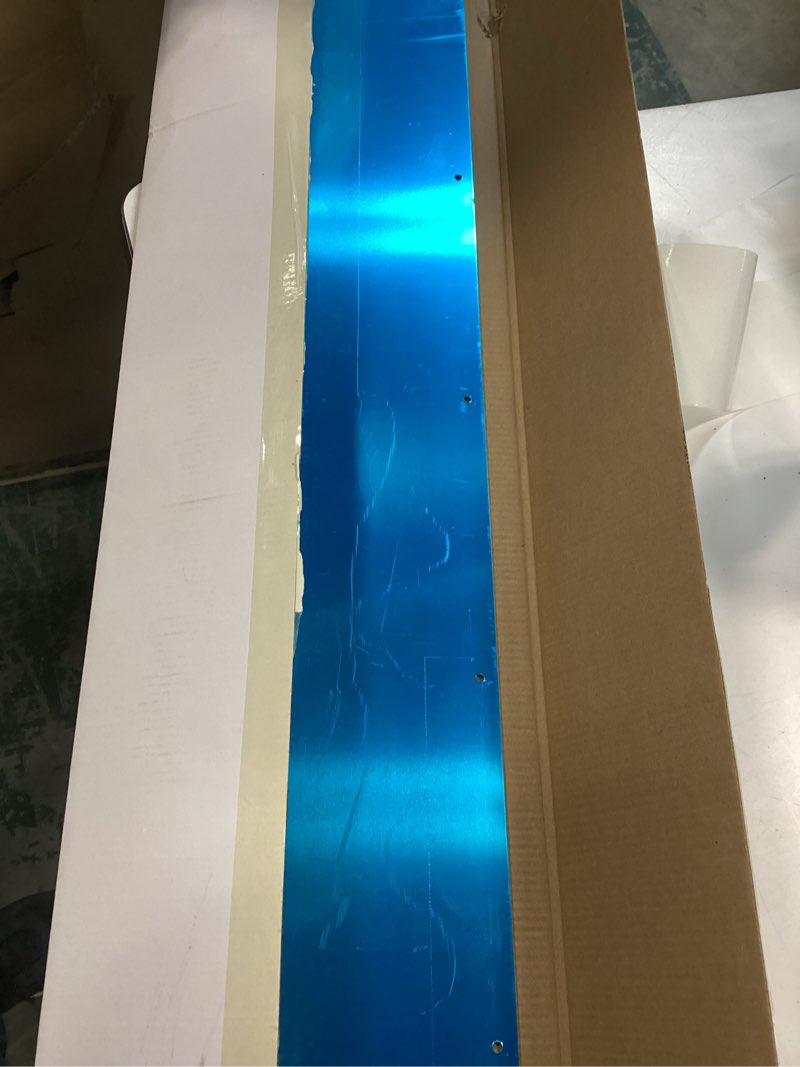 Condition photo showing As Is for cqmma door kick plate 8" x 34" suitable for 36" doors, 12ga (5/64 inch) thickness al alloy, silver