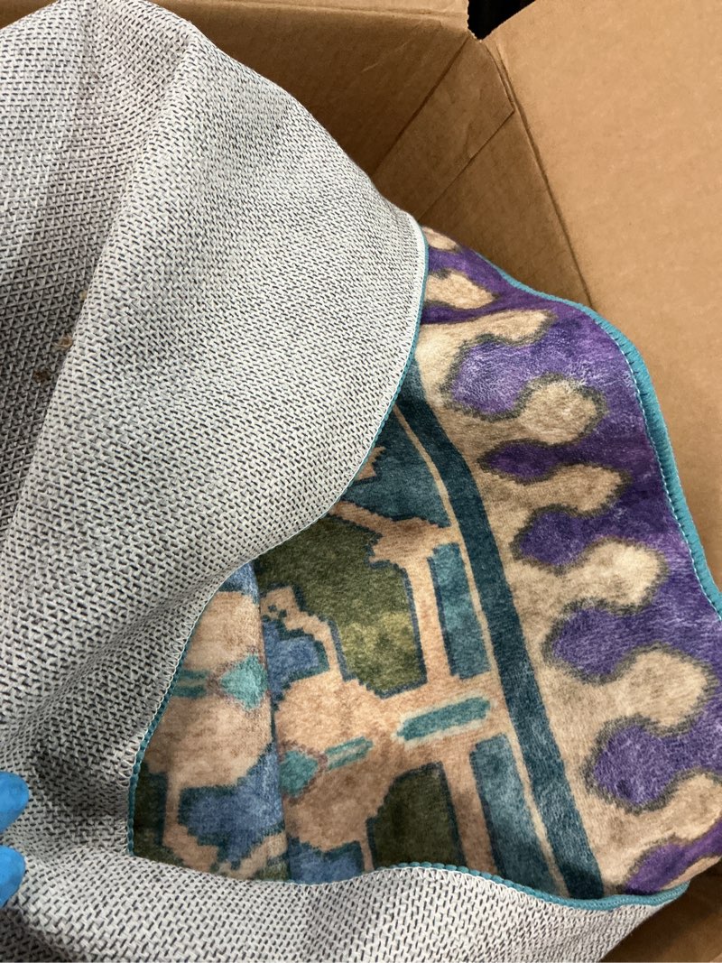 Condition photo showing As Is for Washable Area Rug 8' x 10' Vintage Traditional Persian Mat - Foldable Distressed Non-Slip Machine Washable Carpet for Living Room Bedroom Kitchen Home Decor - Indigo and Crimson Indigo and Crimson 8' x 10' (Rectangular)